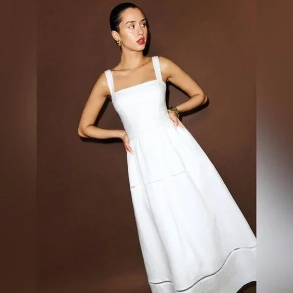 NEW Reformation Everett Linen Midi Dress White | US 2 UK 6 - Picture 2 of 16